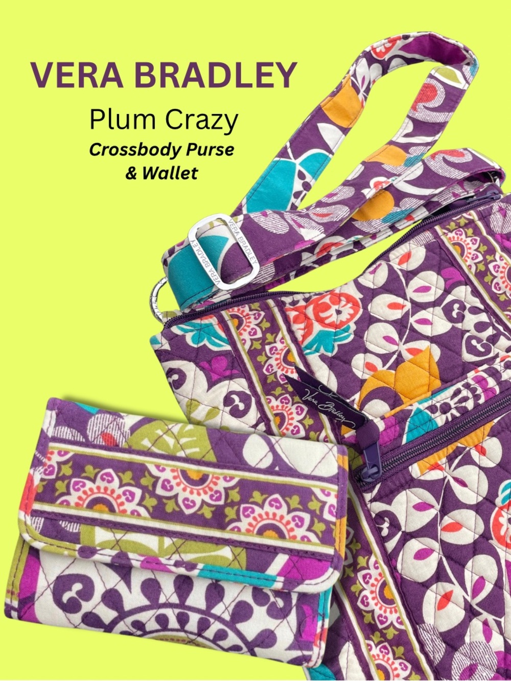 Vera Bradley Plum Crazy Quilted Crossbody Purse & Wallet Set